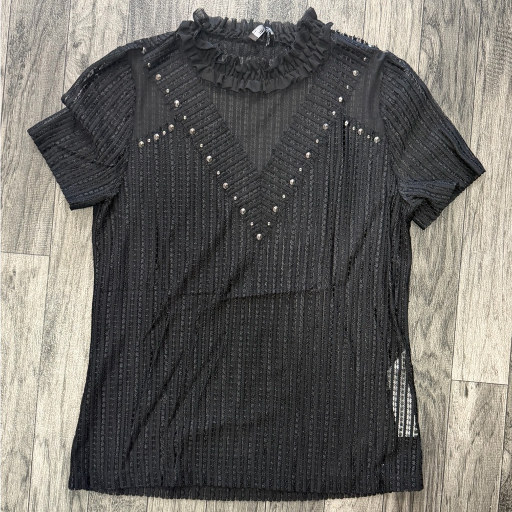 Zara Black Textured Ruffle Blouse